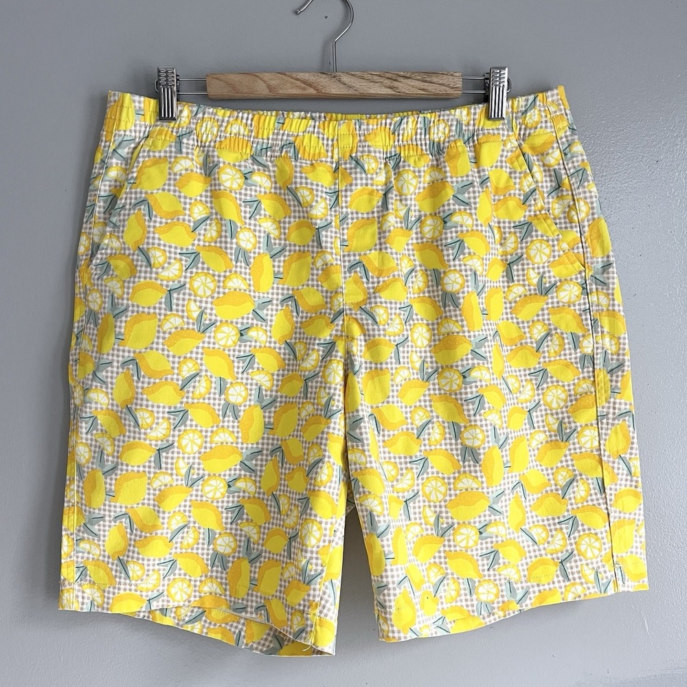 Lands End Lemon Print Pull On Shorts Pockets 9" Plaid Mid Rise Stretch Size 14P